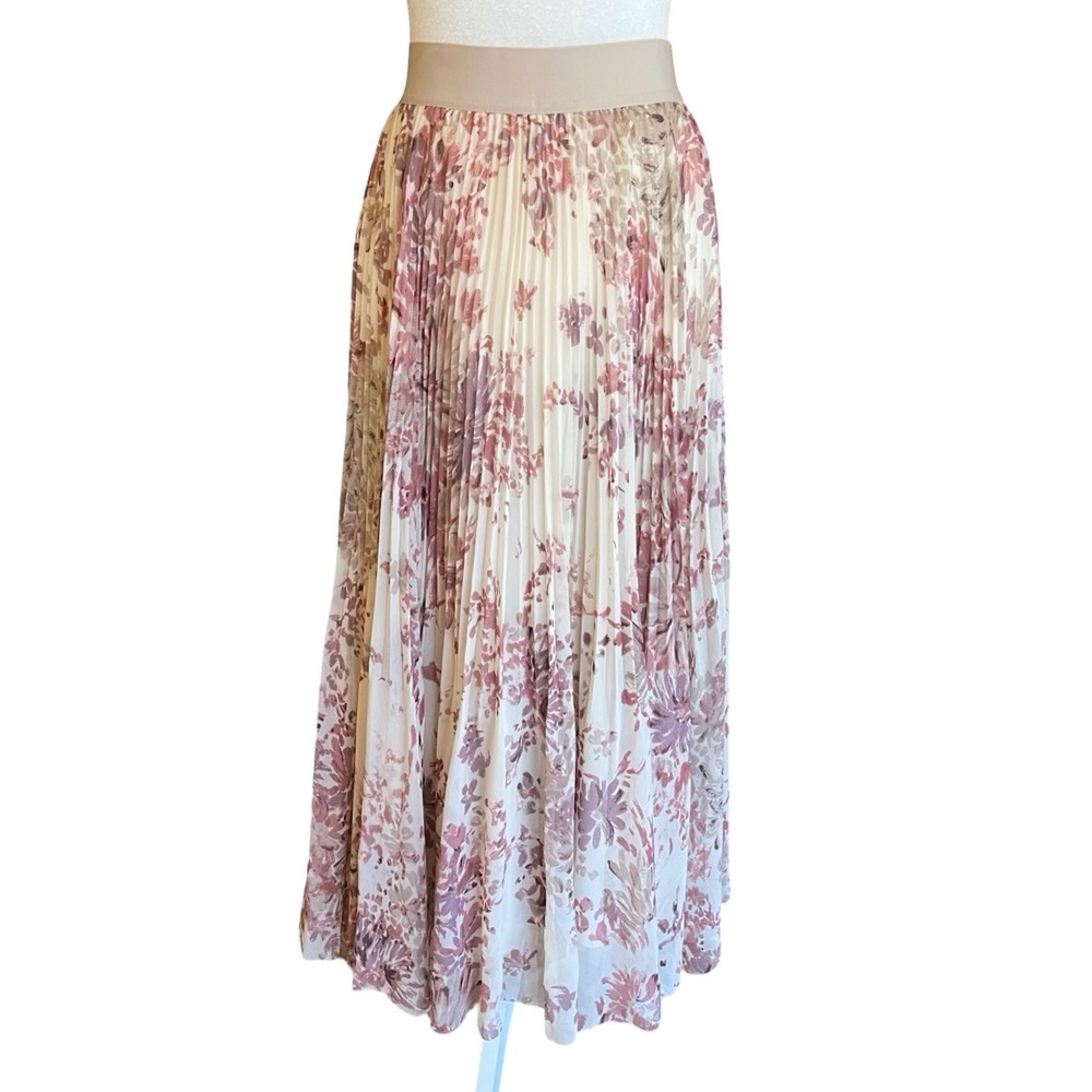 Wilfred Aritzia Twirl Skirt Floral Pleated Midi Maxi Pink Tan Whimsy Garden Sz L
